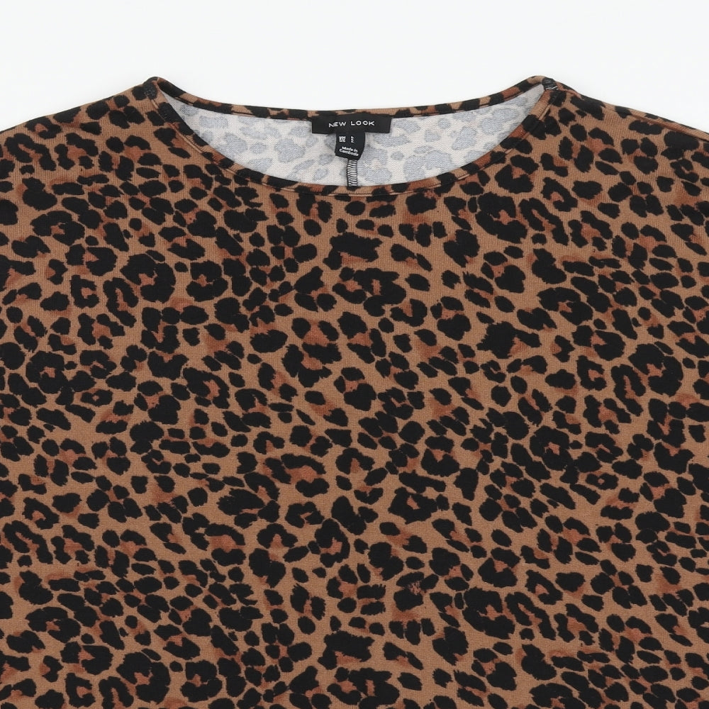 New Look Womens Brown Animal Print Polyester Basic Blouse Size L Round Neck