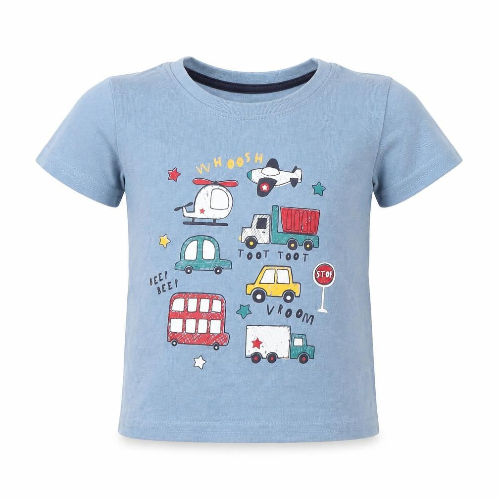 Primark Boys Blue Cotton Basic T-Shirt Size 9-12 Months Round Neck Pullover - Cars