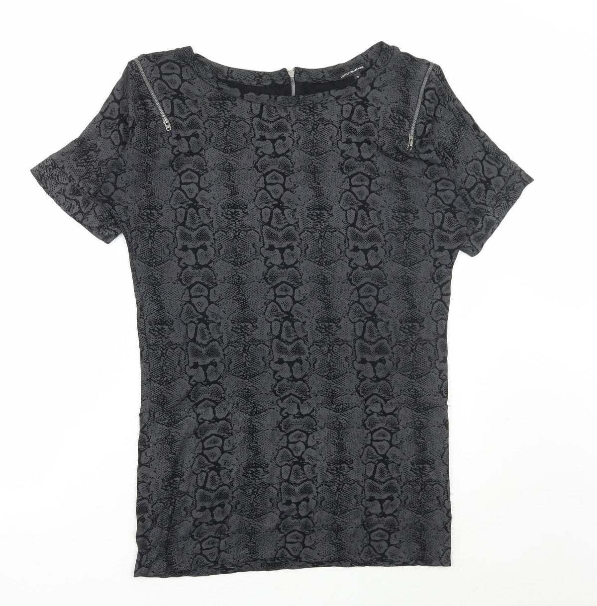 Marks and Spencer Womens Grey Animal Print Polyester Basic T-Shirt Size 8 Scoop Neck