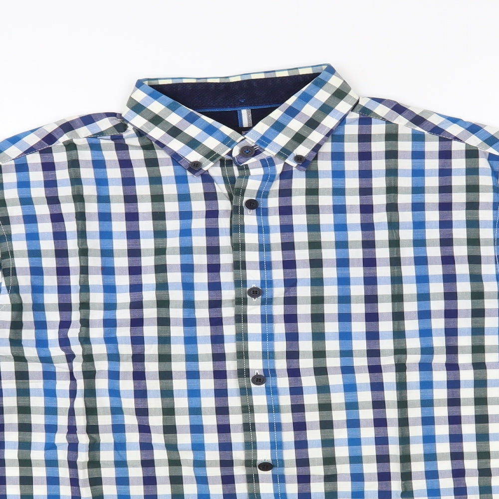 Blue Harbour Mens Blue Check Cotton Button-Up Size S Collared Button