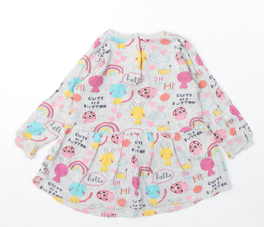 M Girls Grey Geometric Cotton Skater Dress Size 9-12 Months Round Neck Snap - Cartoon Animals