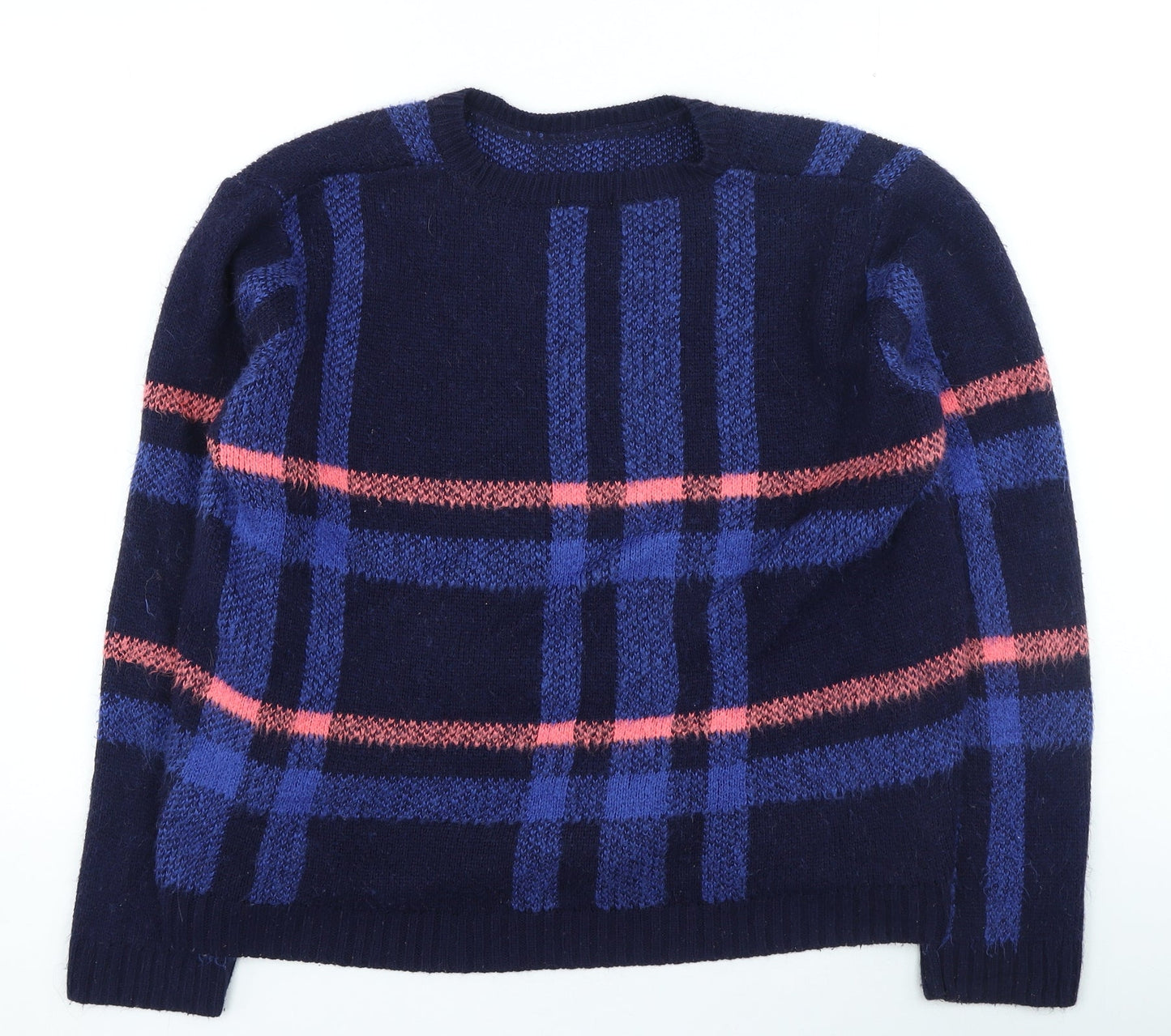 Preworn Womens Blue Round Neck Plaid Acrylic Pullover Jumper Size M