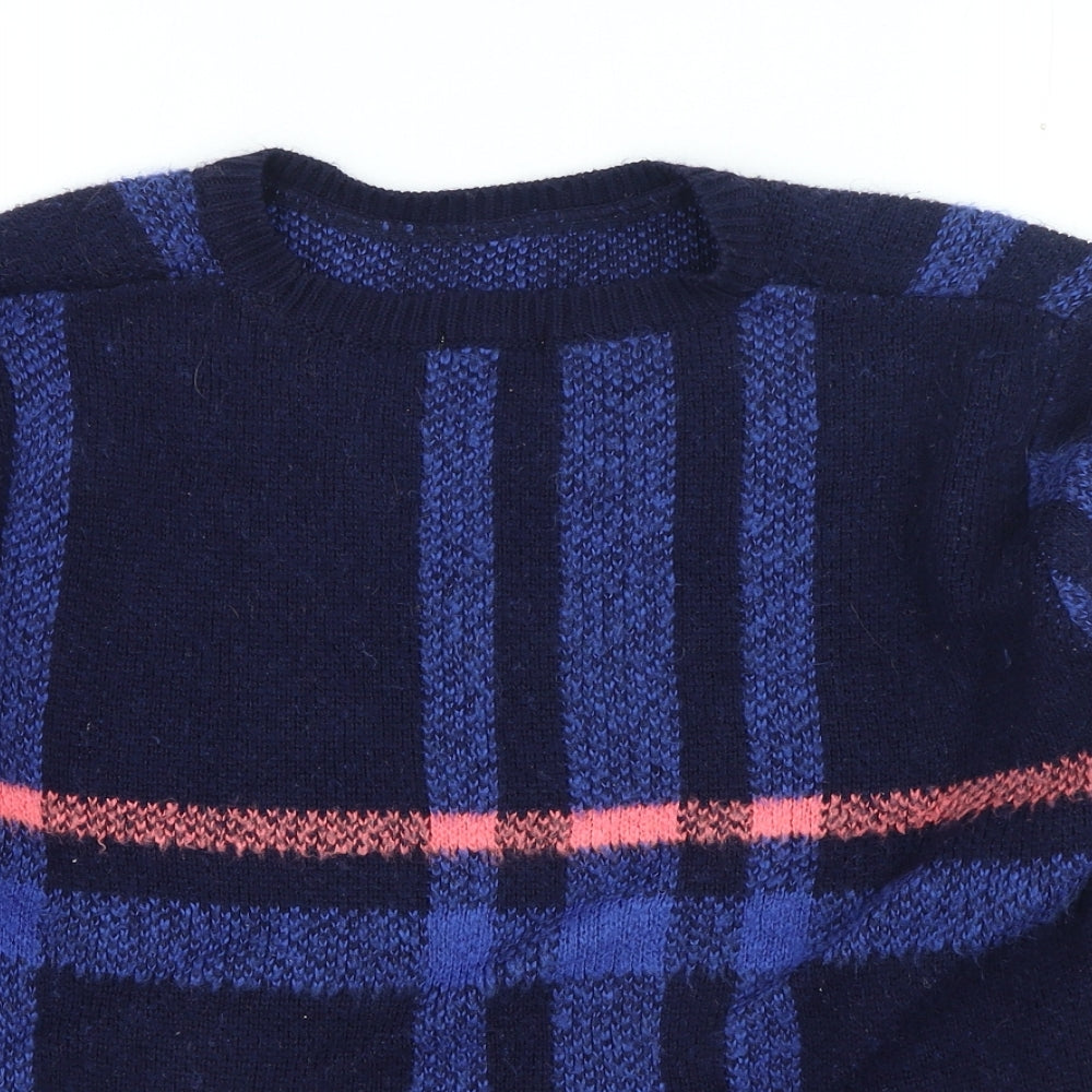 Preworn Womens Blue Round Neck Plaid Acrylic Pullover Jumper Size M