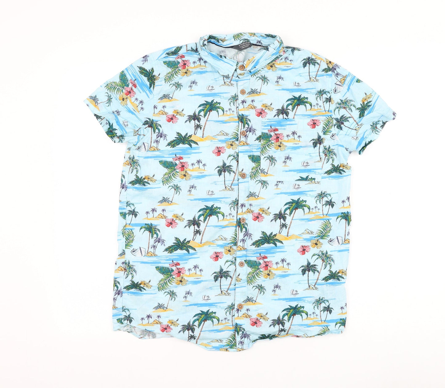 Primark Girls Blue Floral Cotton Basic Button-Up Size 13-14 Years Collared Button - Tropical
