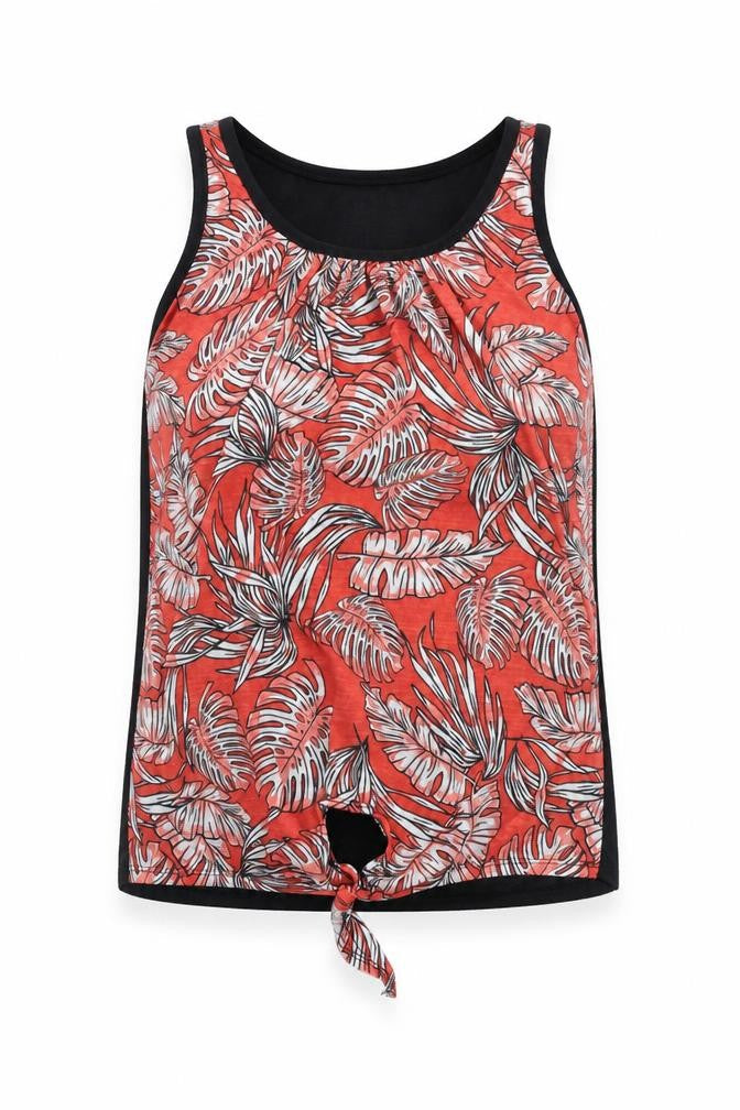 Dunnes Womens Red Floral Polyester Basic Tank Size 8 Round Neck - Knot Front