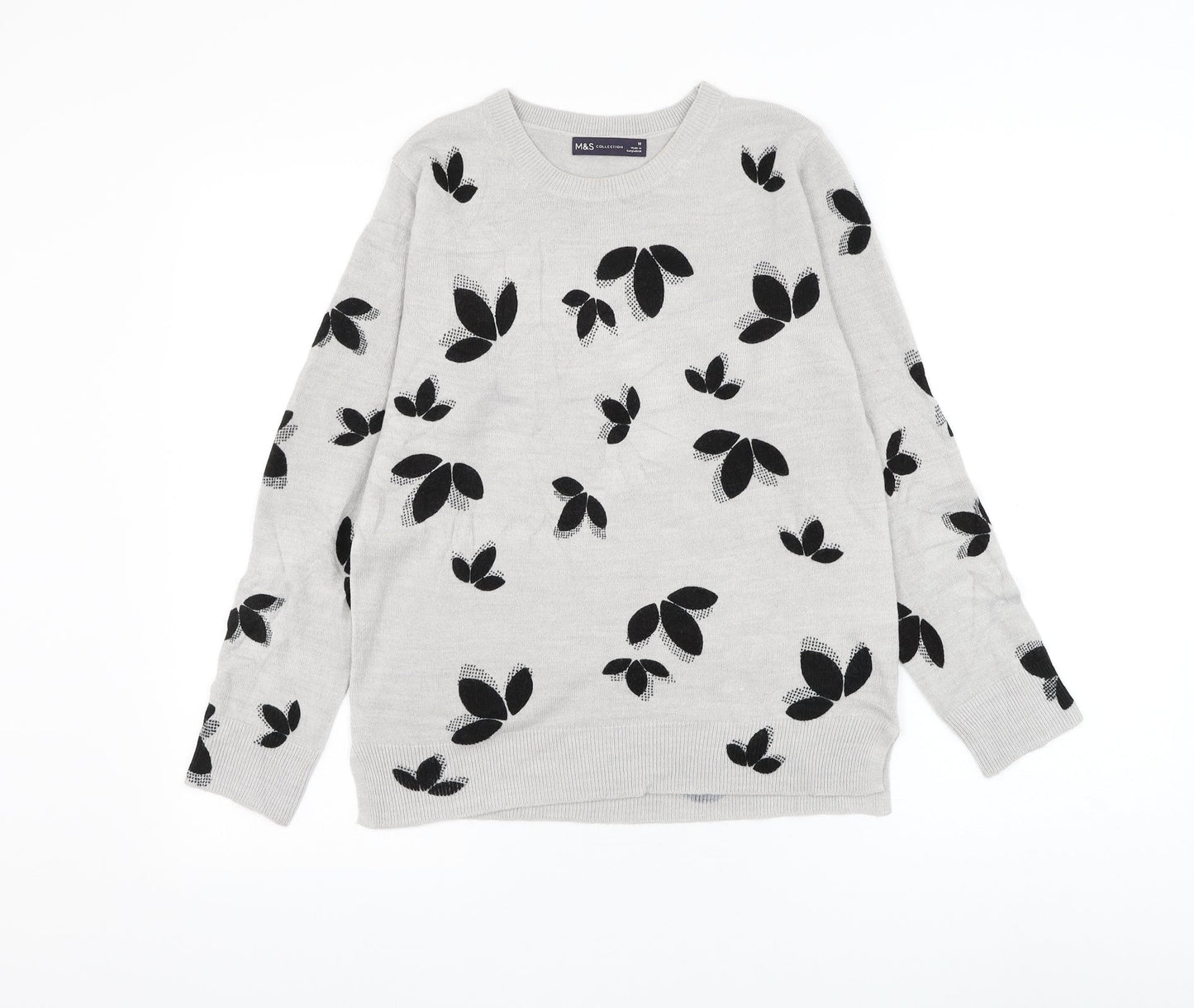 Marks and Spencer Womens Grey Round Neck Geometric Acrylic Pullover Jumper Size 10 - Leaf Print