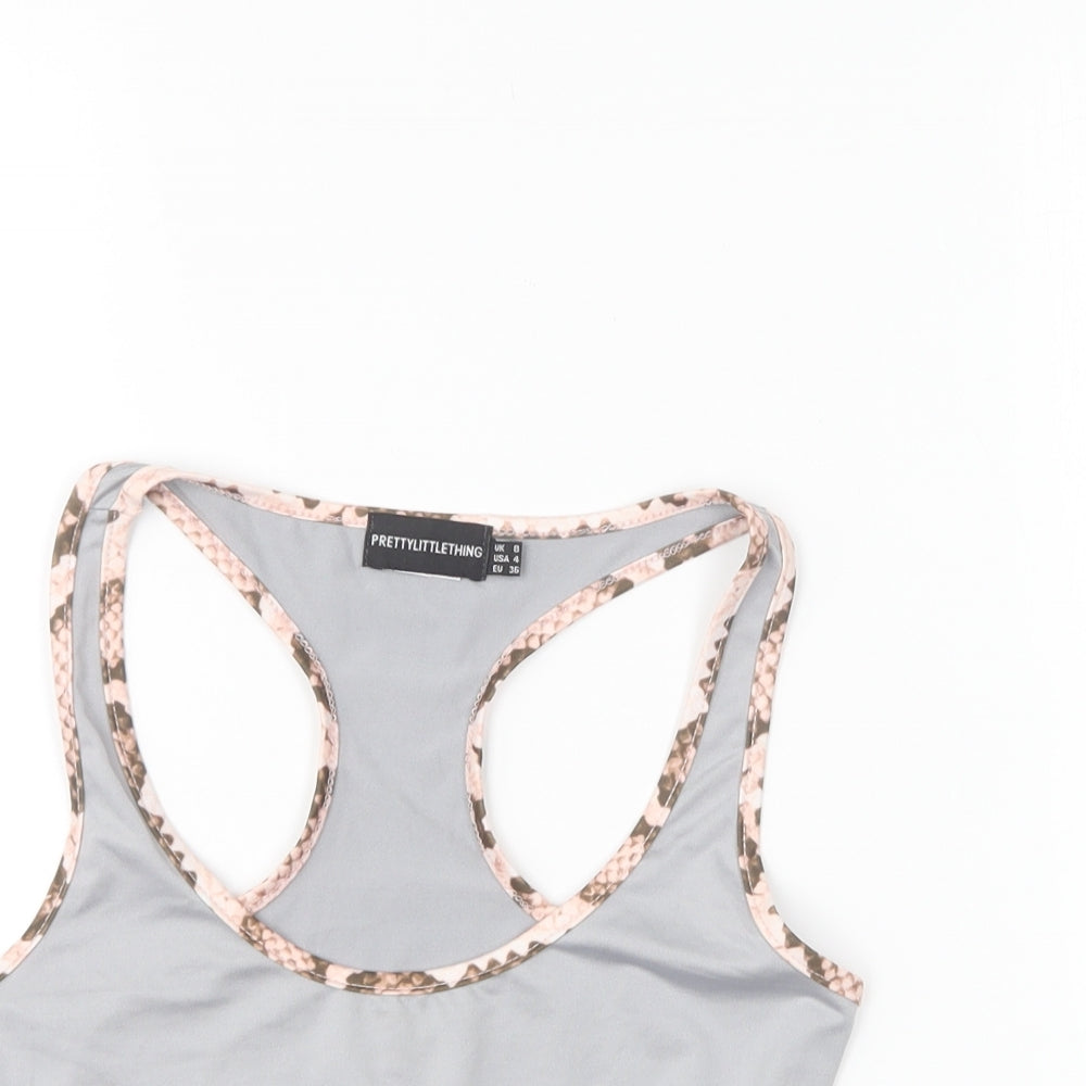PRETTYLITTLETHING Womens Grey Polyester Cropped T-Shirt Size 8 Roll Neck Pullover - Sports Bra