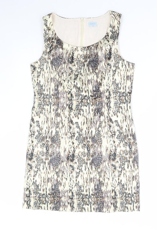 Oasis Womens Brown Geometric Cotton Bodycon Size 12 Scoop Neck Zip