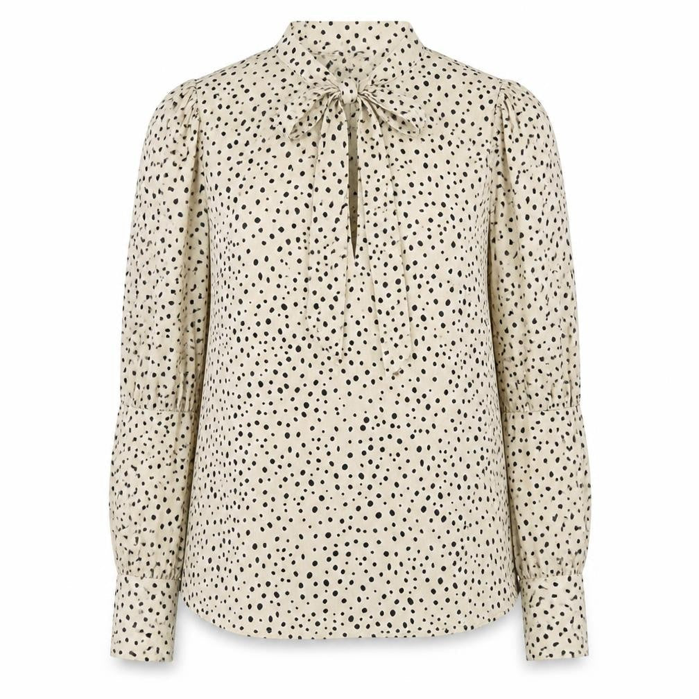 Boohoo Womens Beige Polka Dot Polyester Jersey Blouse Size 6 V-Neck - Pussy Bow