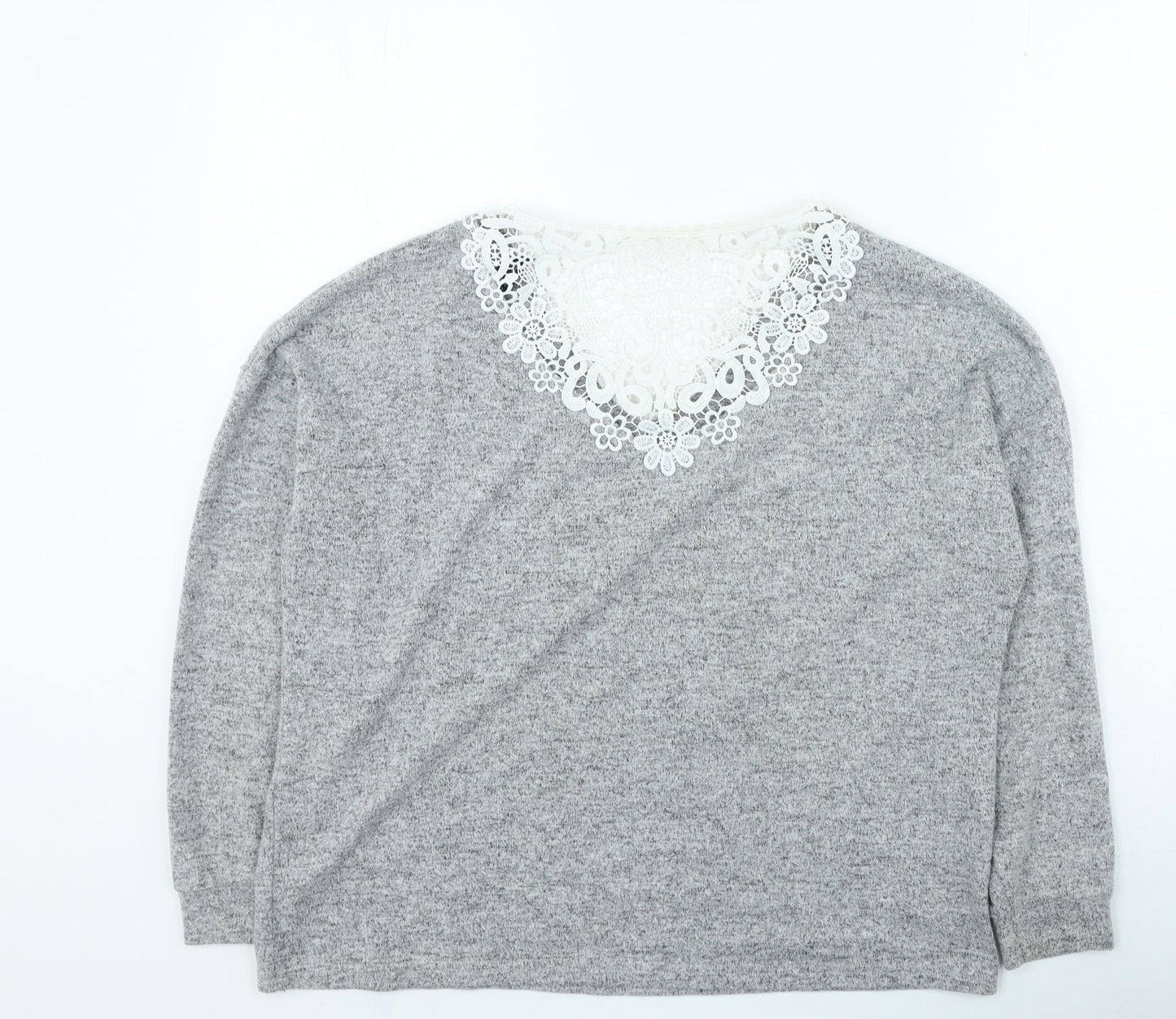 Dorothy Perkins Womens Grey V-Neck Polyester Pullover Jumper Size 12 - Lace Detailing