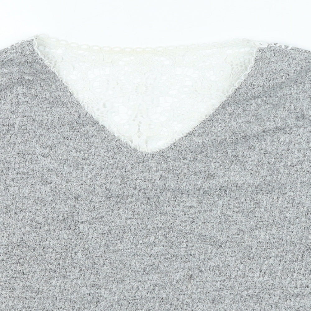 Dorothy Perkins Womens Grey V-Neck Polyester Pullover Jumper Size 12 - Lace Detailing