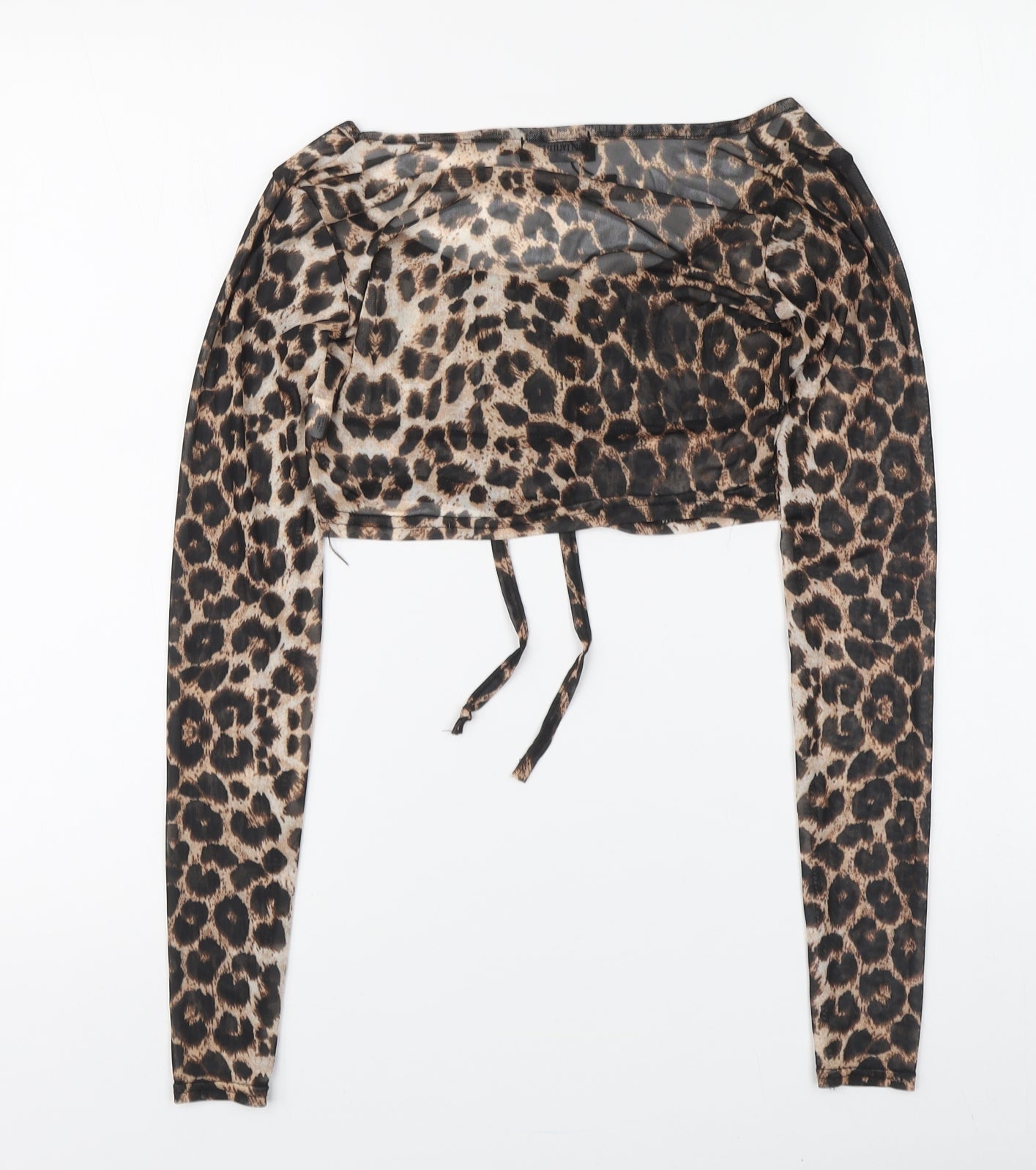 PRETTYLITTLETHING Womens Brown Animal Print Polyester Cropped Blouse Size 8 Round Neck