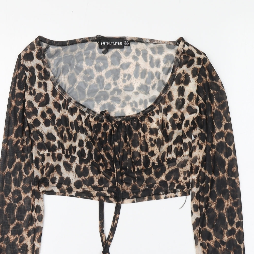 PRETTYLITTLETHING Womens Brown Animal Print Polyester Cropped Blouse Size 8 Round Neck