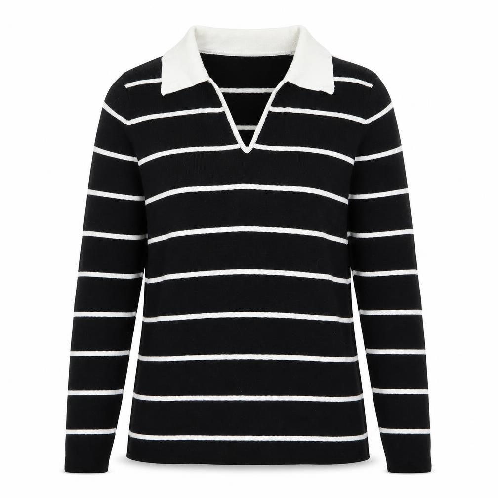 Style Collection Womens Black Collared Striped Ramie Pullover Jumper Size 12