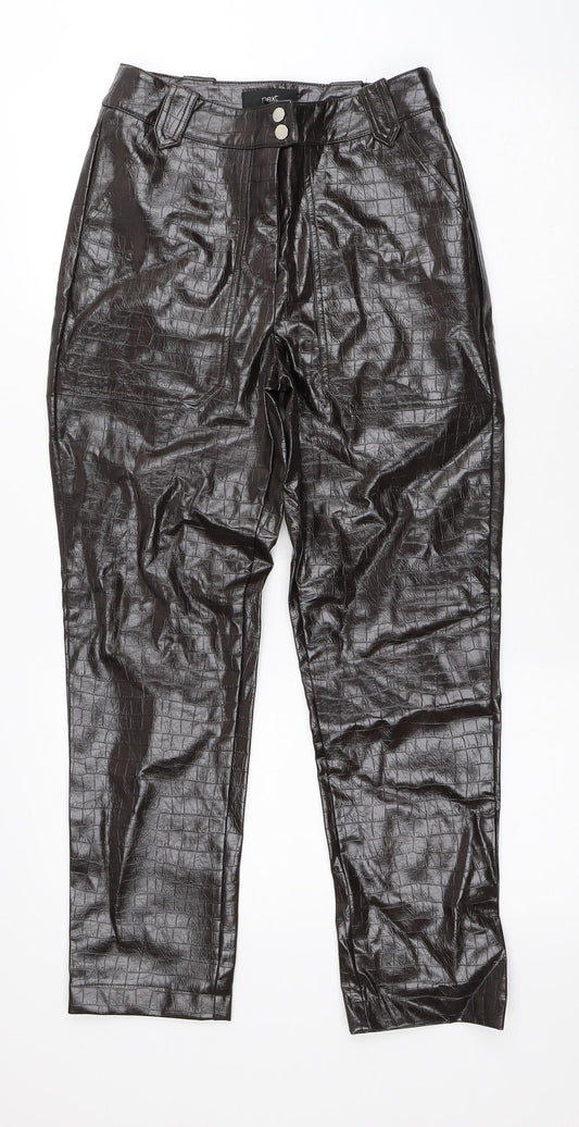NEXT Womens Brown Animal Print Viscose Trousers Size 6 L26 in Regular Button - Faux Leather