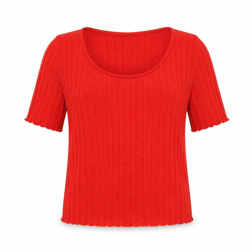 Topshop Womens Red Striped Polyester Basic T-Shirt Size 12 Scoop Neck - Lettuce Hem