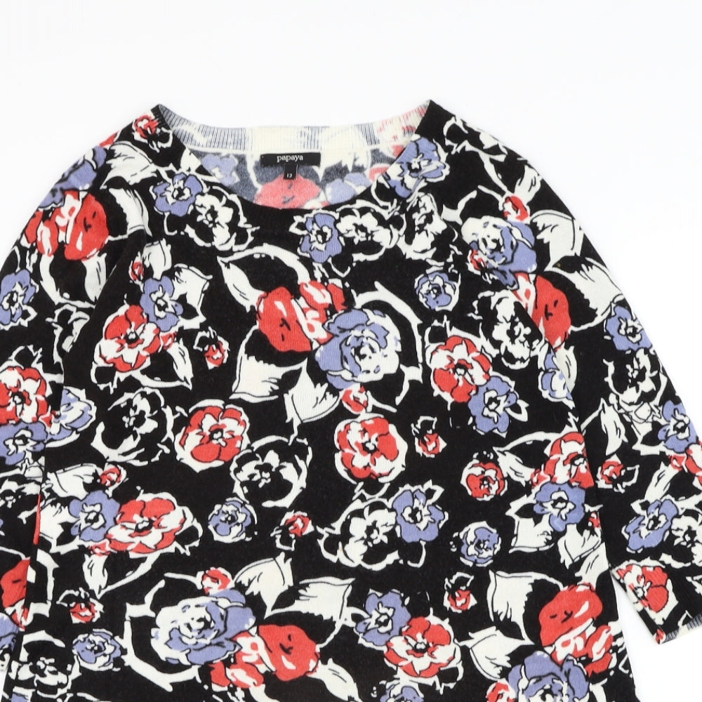Papaya Womens Black Round Neck Floral Acrylic Pullover Jumper Size 12