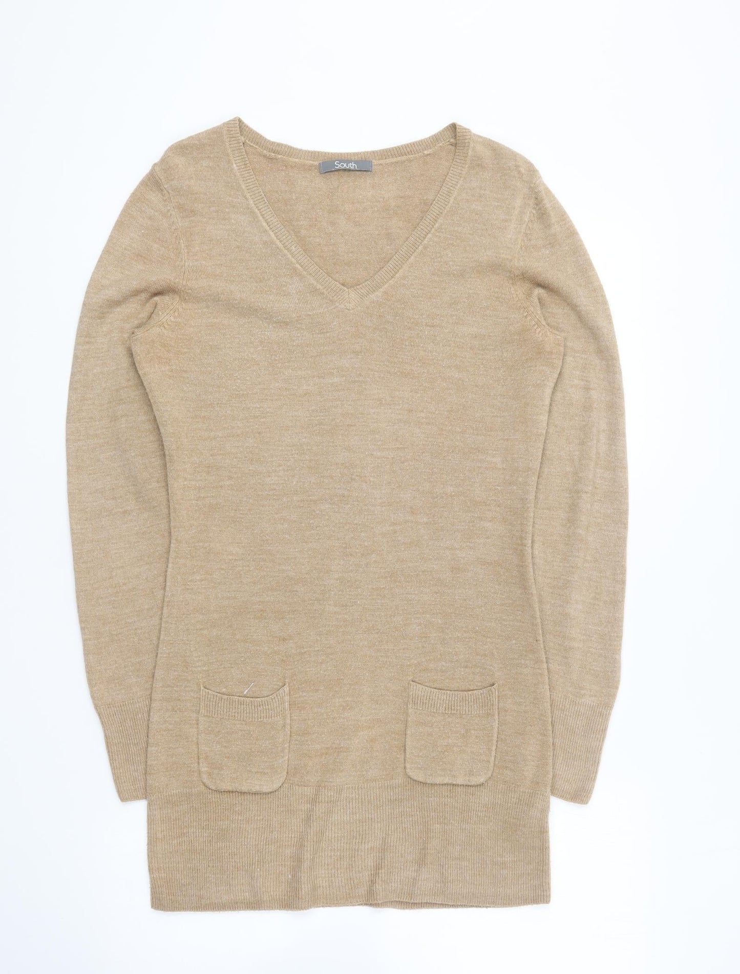 South Womens Brown V-Neck Acrylic Pullover Jumper Size 10