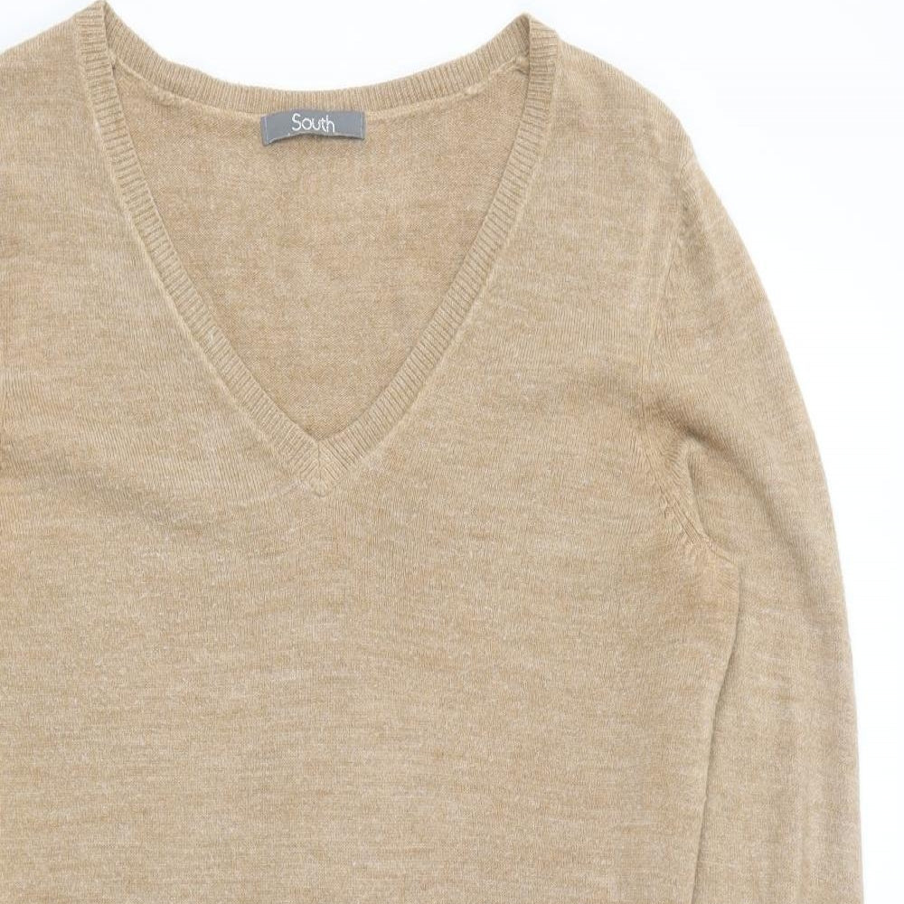 South Womens Brown V-Neck Acrylic Pullover Jumper Size 10