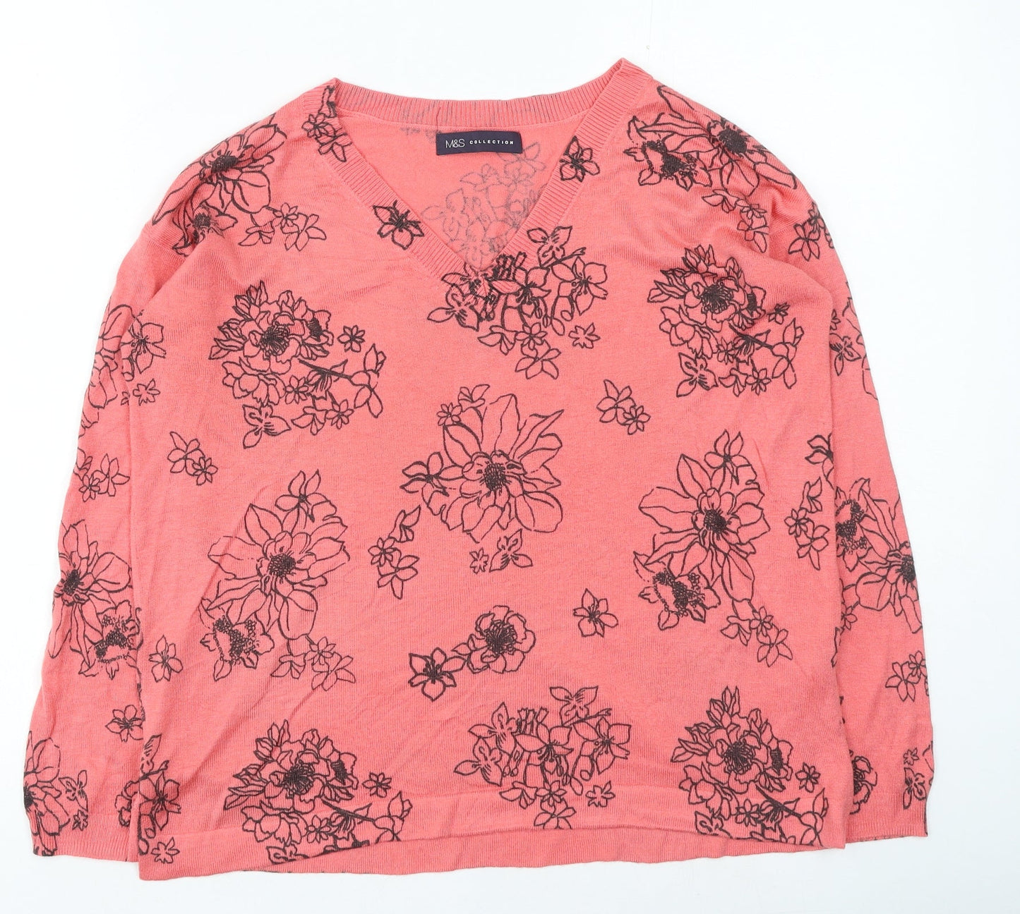 Marks and Spencer Womens Pink V-Neck Floral Acrylic Pullover Jumper Size S
