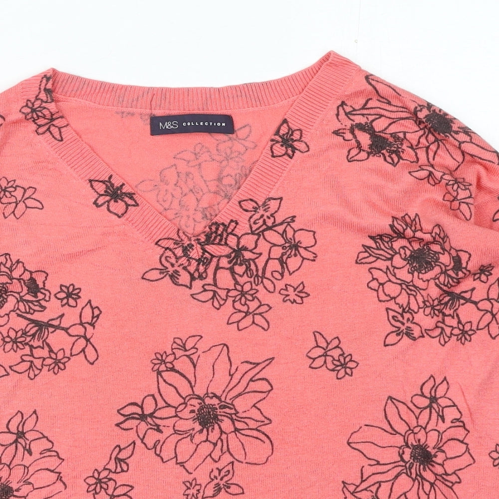 Marks and Spencer Womens Pink V-Neck Floral Acrylic Pullover Jumper Size S