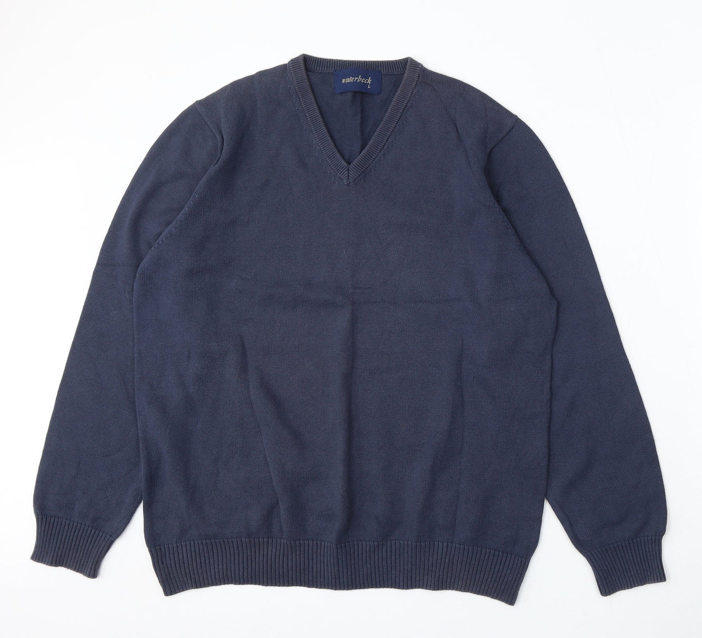 Winterbeck Mens Blue V-Neck Cotton Pullover Jumper Size L