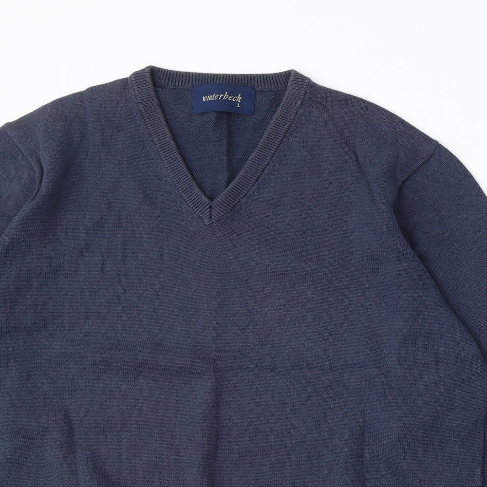 Winterbeck Mens Blue V-Neck Cotton Pullover Jumper Size L