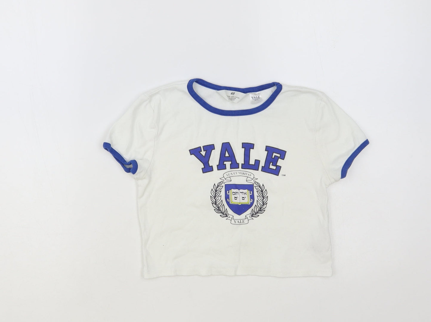 H&M Girls White Cotton Ringer T-Shirt Size 10-11 Years Crew Neck Pullover - Yale