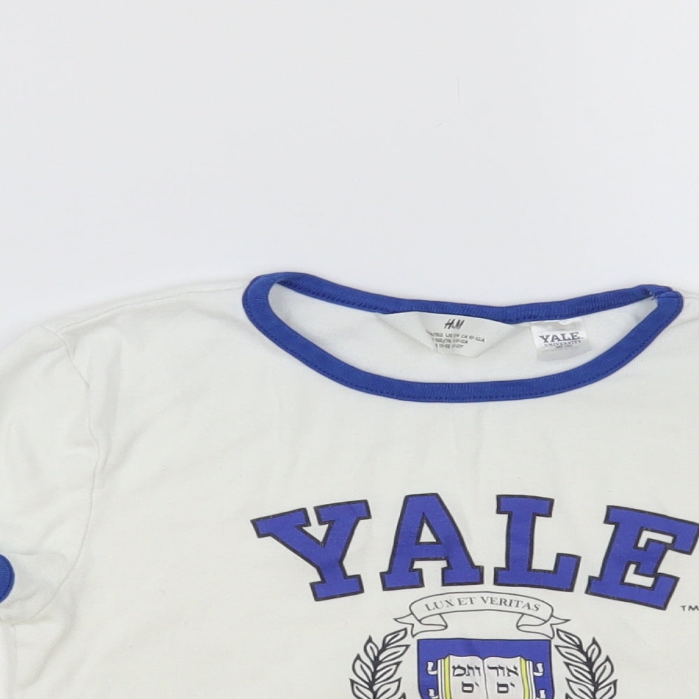 H&M Girls White Cotton Ringer T-Shirt Size 10-11 Years Crew Neck Pullover - Yale