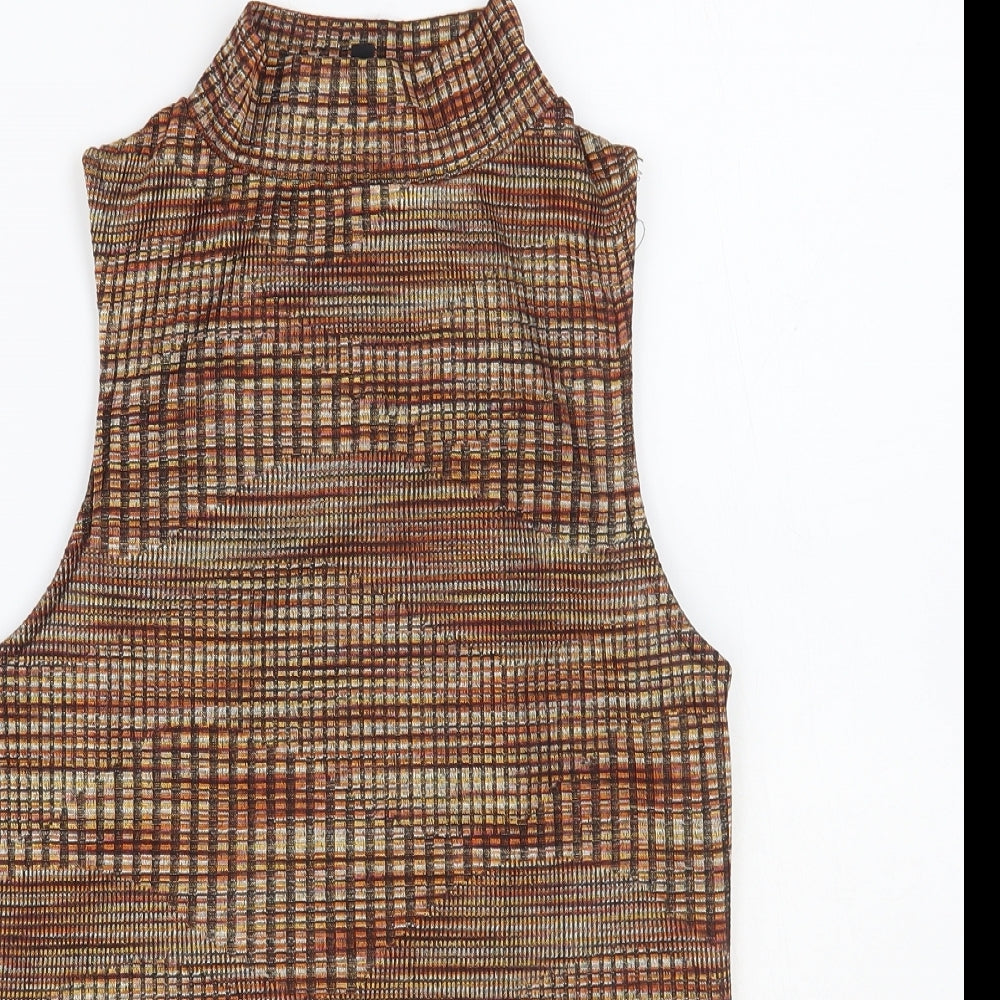 New Look Womens Brown Mock Neck Geometric Polyester Vest Jumper Size 12