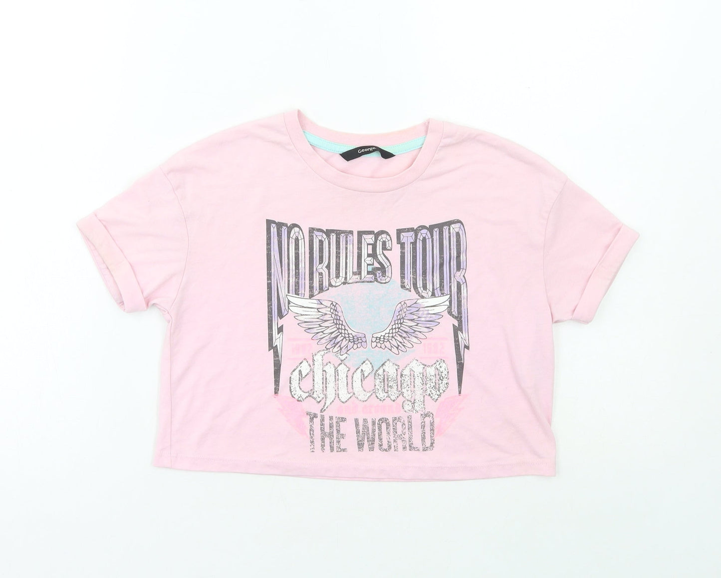George Girls Pink Cotton Cropped T-Shirt Size 7-8 Years Round Neck Pullover - No Rules
