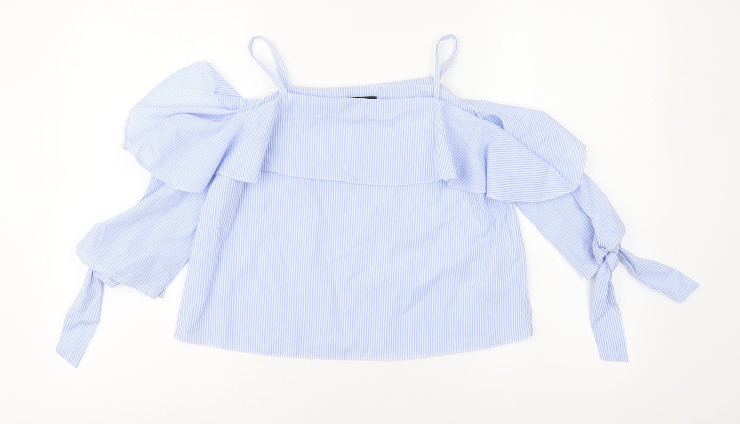 Topshop Womens Blue Striped Cotton Cropped Blouse Size 4 Square Neck