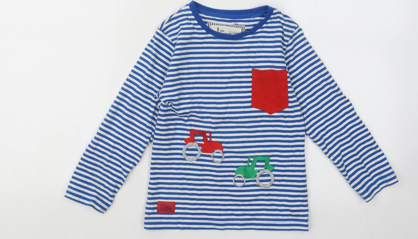 The Light House Boys Blue Striped Cotton Basic T-Shirt Size 5 Years Round Neck Pullover - Tractors