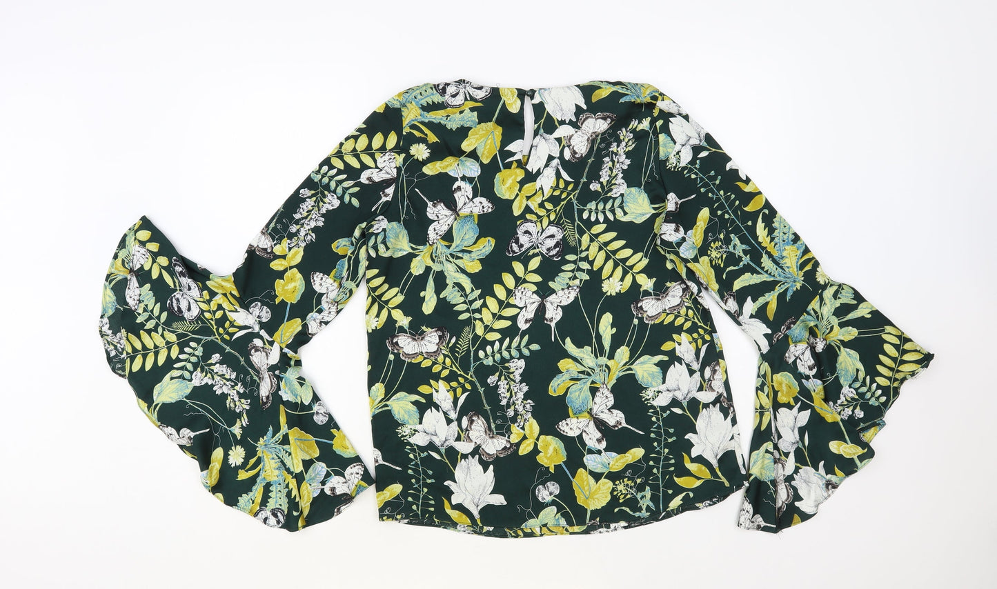 Jaune Rouge Womens Green Floral Polyester Basic Blouse Size S Round Neck