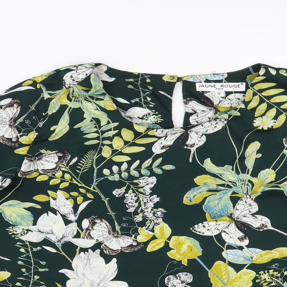 Jaune Rouge Womens Green Floral Polyester Basic Blouse Size S Round Neck