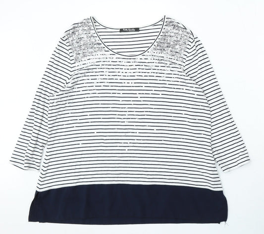 Betty Barclay Womens White Round Neck Striped Cotton Pullover Jumper Size M
