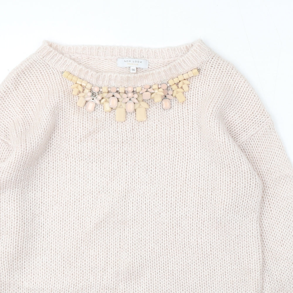 New Look Womens Beige Round Neck Acrylic Pullover Jumper Size 14