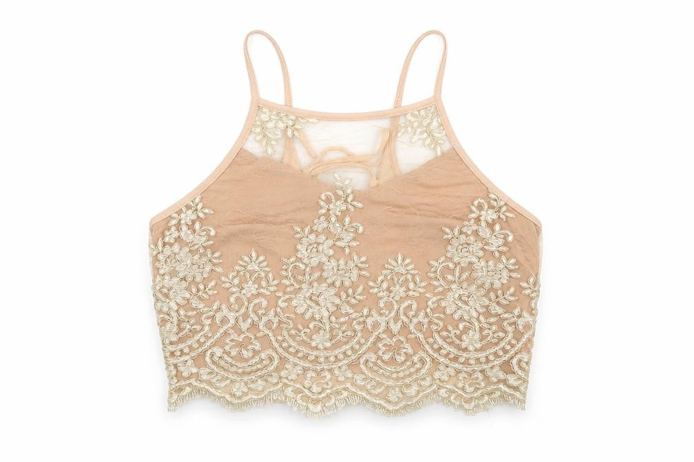 River Island Womens Beige Floral Polyester Cropped Tank Size 10 Square Neck - Corset Tie Back