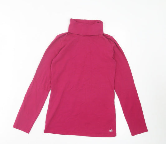 United Colors of Benetton Girls Pink Cotton Basic Casual Size 10-11 Years Roll Neck Pullover