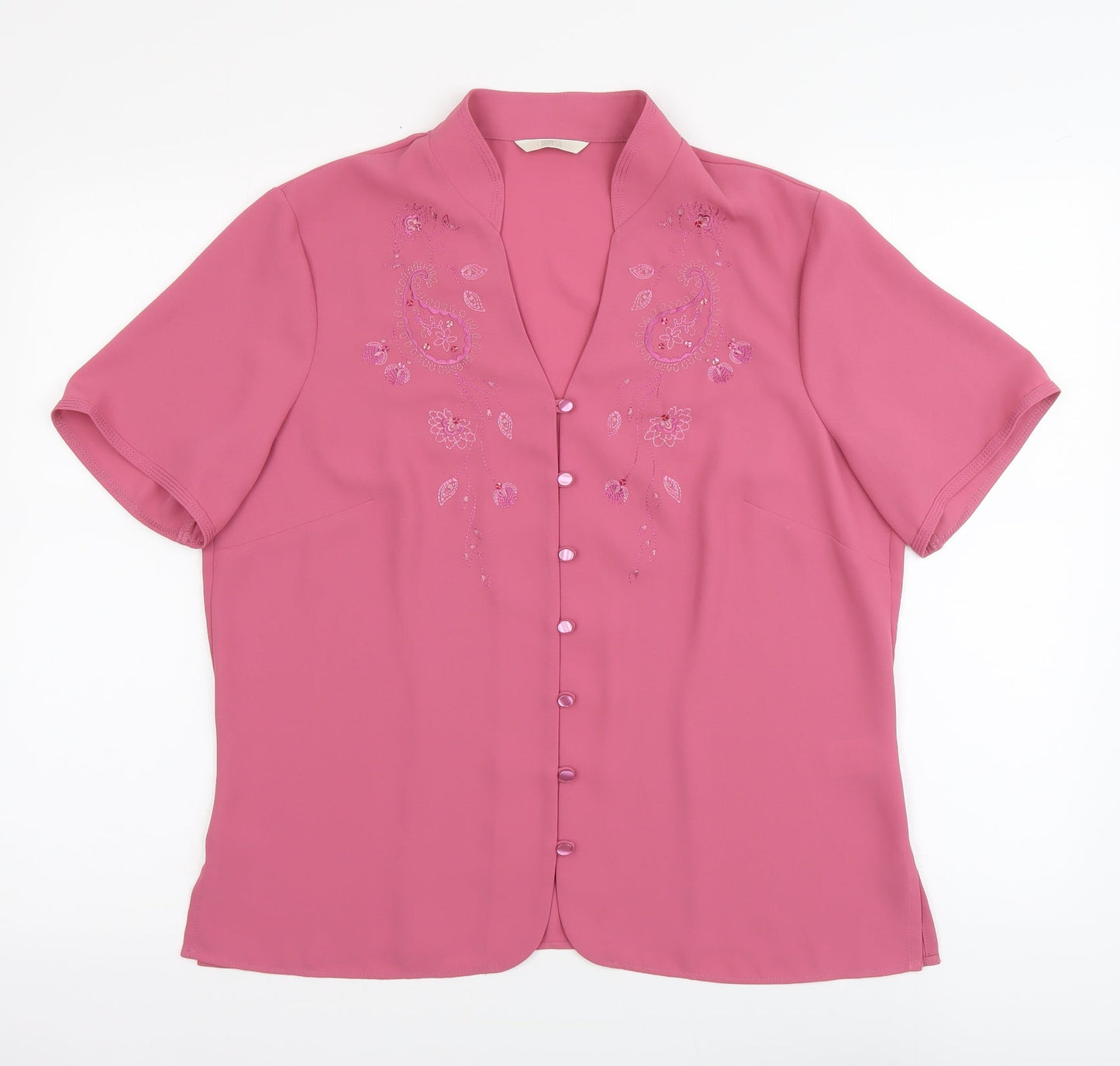 Marks and Spencer Womens Pink Floral Polyester Basic Button-Up Size 14 V-Neck