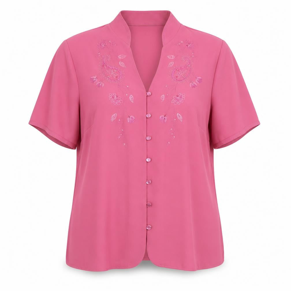 Marks and Spencer Womens Pink Floral Polyester Basic Button-Up Size 14 V-Neck