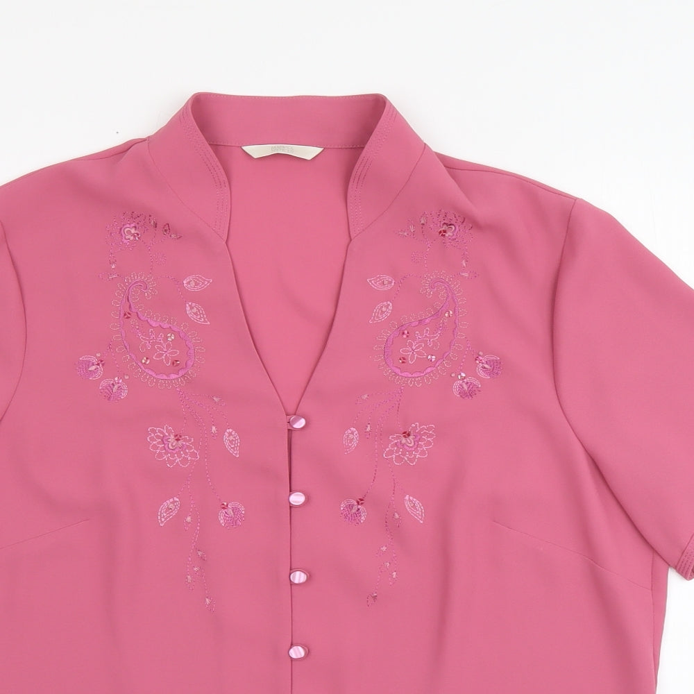 Marks and Spencer Womens Pink Floral Polyester Basic Button-Up Size 14 V-Neck