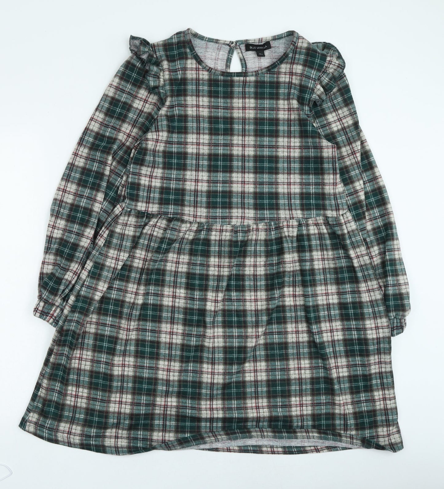 Blue Vanila Womens Green Plaid Polyester Fit & Flare Size M Round Neck Pullover