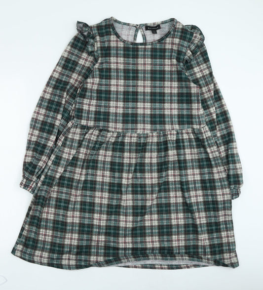 Blue Vanila Womens Green Plaid Polyester Fit & Flare Size M Round Neck Pullover