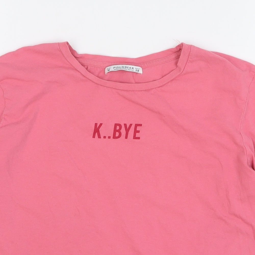 Pull & Bear Womens Pink Cotton Basic T-Shirt Size M Round Neck - K..Bye