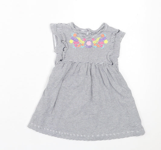 Dunnes Stores Girls White Striped Cotton A-Line Size 12-18 Months Crew Neck Button - Floral Detail