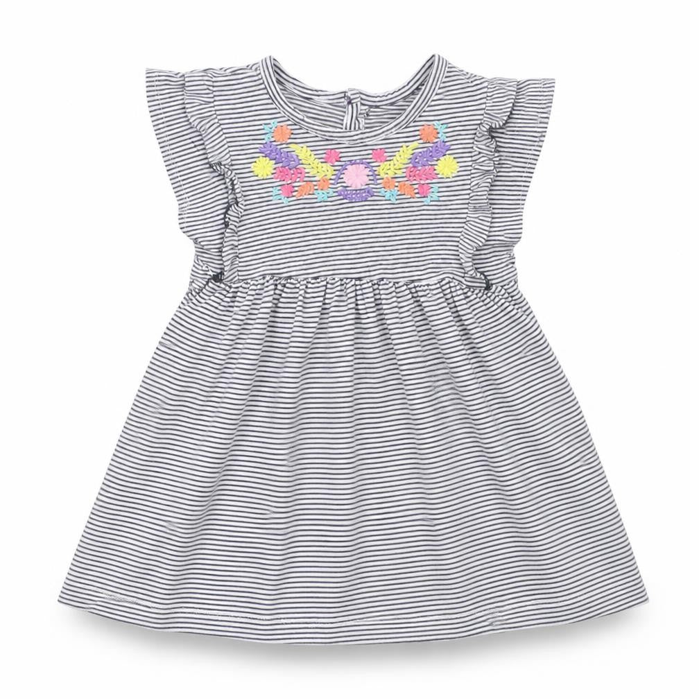 Dunnes Girls White Striped Cotton A-Line Size 12-18 Months Crew Neck Button - Floral Detail