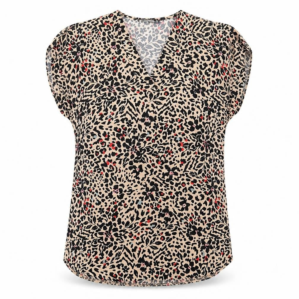 Dunnes Womens Brown Animal Print Polyester Basic T-Shirt Size XS V-Neck - Leopard Print