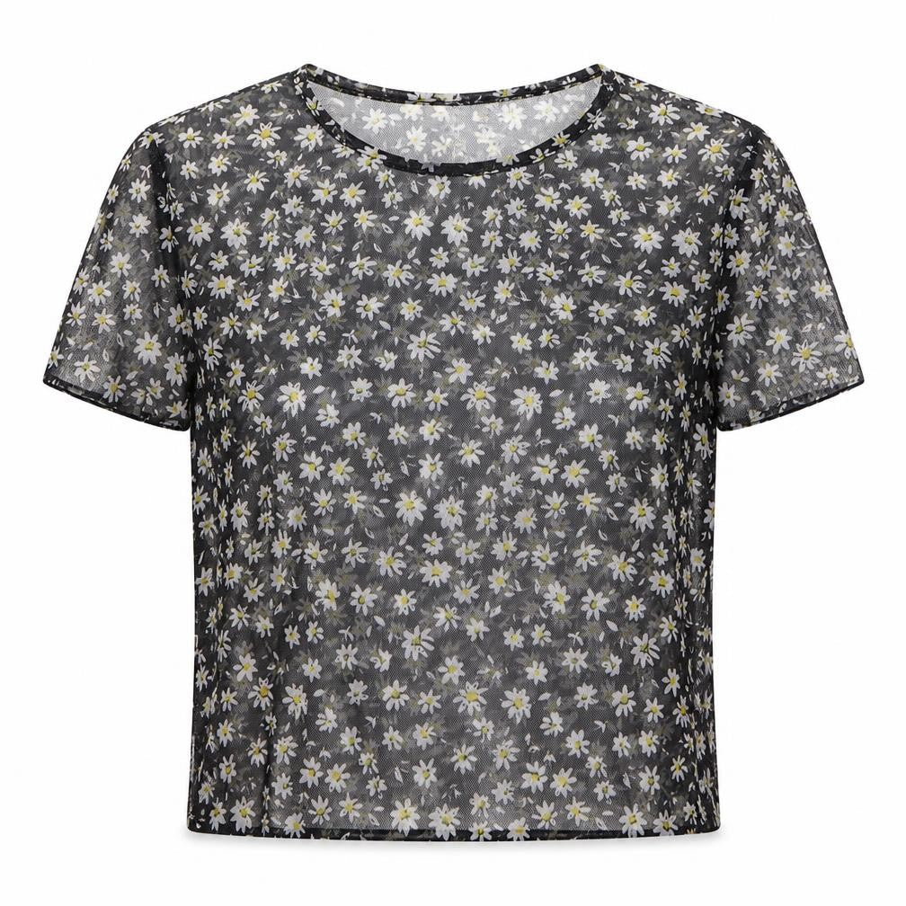 H&M Womens Black Floral Polyester Cropped T-Shirt Size S Round Neck