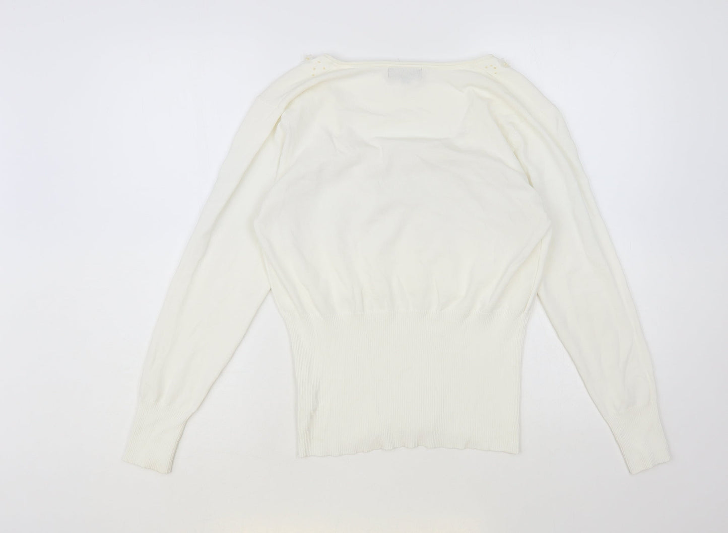 Statement Womens White Scoop Neck Viscose Pullover Jumper Size 14 - 3D Flowers